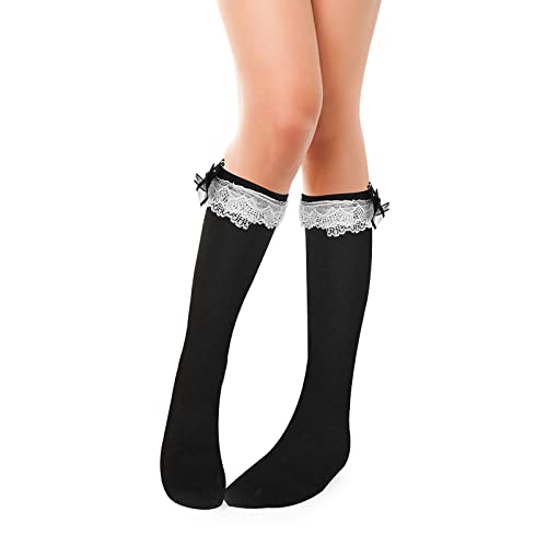 Calcetines Hasta la Rodilla para Mujer Calcetines Negros con Volantes y Lazo de Liga Bonitos Calcetines de Princesa de Encaje Calcetines Altos Lolita para Niñas