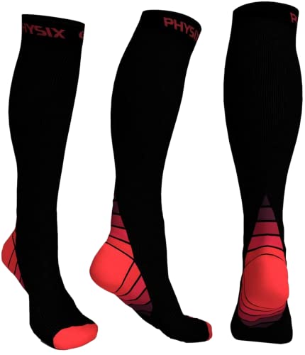 Physix Gear Sport Calcetines de compresión, los mejores calcetines compresión mujer y hombre para el dolor de pies y gemelos, medias de compresión hombre y mujer, 1 par, S/M, negro/rojo