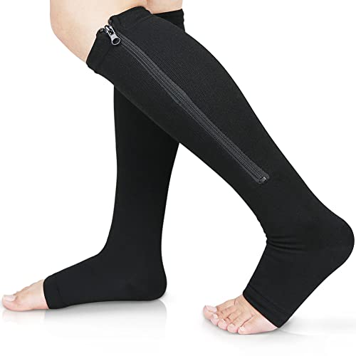 Ailaka - Calcetines de compresión para pantorrilla, con cremallera, 15-20 mmHg, hasta la rodilla, para mujeres y hombres negro negro L-XL