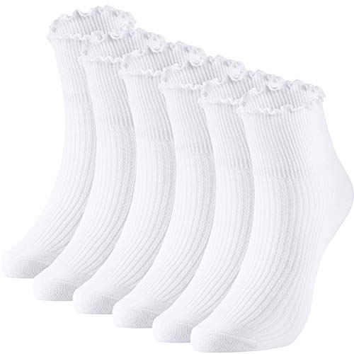 SATINIOR Calcetines Tobilleros de Mujeres Calcetines con Volantes de Encaje de Algodón de Punto Calcetines Casuales de Color Sólido, 6 Pares (Blanco)