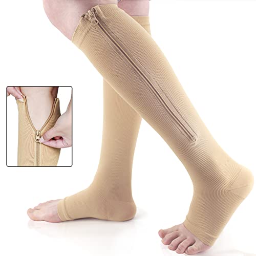 Ailaka - Calcetines de compresión para pantorrilla, con cremallera, 15-20 mmHg, hasta la rodilla, para mujeres y hombres beige beige L-XL