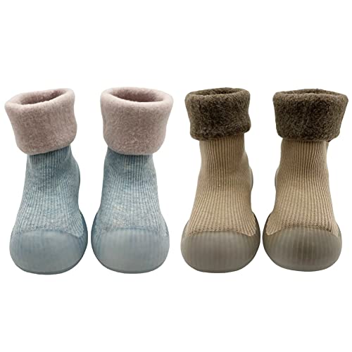 FedMois Pack de 2 Calcetines con Suela de Goma para Bebés Zapatillas Antideslizantes de Primeros Pasos para Invierno, beige y cielo azul, 18 meses