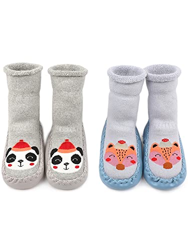 Adorel Calcetines Zapatos Antideslizantes Forros Bebé 2 Pare Azul Zorro & Gris Panda 17-19 (Tamaño del Fabricante 12)