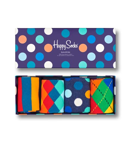 Happy Socks 4-Pack Big Dot Box, coloridos y alegres, calcetines para hombre y mujer, Azul-Verde-Naranja-Rojo-Blanco-Amarillo (41-46)