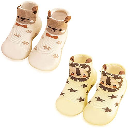FedMois Pack de 2 Calcetines con Suela de Goma para Bebés Zapatillas Antideslizantes de Primeros Pasos, león y oso, 2.5 años