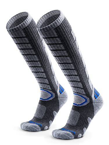 WEIERYA 2 pares de calcetines de esquí Lana Merina, calcetines térmicos acolchados hasta la rodilla para esquiar, snowboard, deportes de invierno al aire libre Gris L