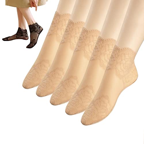 Calcetines de encaje de moda para mujer, calcetines tobilleros de encaje de malla, 5 pares de calcetines con volantes para mujer, calcetines delgados de verano para mujer, accesorios color nude