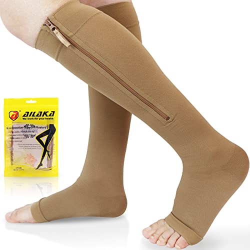 Ailaka - Calcetines de compresión para pantorrillas con cremallera médica de 20 a 30 mmHg para mujeres y hombres, soporte firme para la rodilla con puntera abierta, embarazo, recuperación