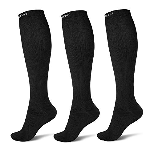 QXURkut 3 Pares Calcetines de Compresión Negro, 15-20mmHg Medias Compression Socks para Hombre Mujer Deporte, Running, Ciclismo, Varices (L-XL)