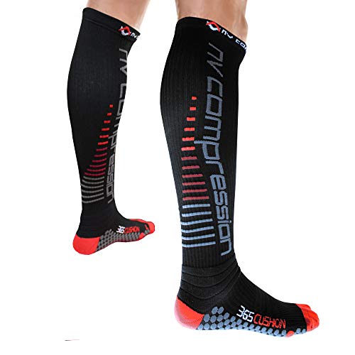 NV Compression 365 Cushion Calcetines Compresión Negros - Cushioned Compression Socks - Black - For Sports Recovery, Work, Flight - Running, Cycling, Soccer, Rugby, Gym, Golf (Negro/Rojo Rayas,...