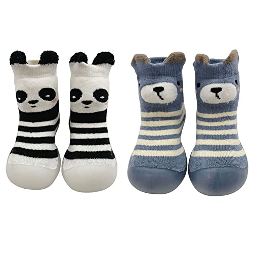 FedMois Pack de 2 Calcetines con Suela de Goma para Bebés Zapatillas Antideslizantes de Primeros Pasos para Invierno, panda y oso, 2 años