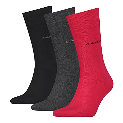 Calvin Klein Combed Flat Knit Men's Crew Socks-Calcetines para Hombre (3 Unidades) clásicos, Rojo, Talla única