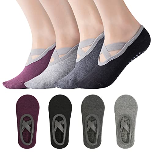 TENGYIF 4 Pares de Calcetines de Yoga Unisex para Mujeres, Calcetines de Yoga para Hombres y Mujeres, Calcetines de Stopper Señoras Calcetines Antideslizantes para Pilates