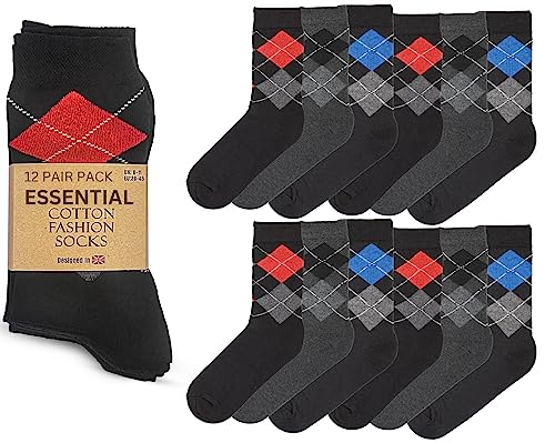 Smart - Calcetines de algodón suaves y transpirables con patrón de rombos para hombre, adecuados para el trabajo y uso casual, calcetines tobilleros, 12 pares, 6-11, Negro, ^