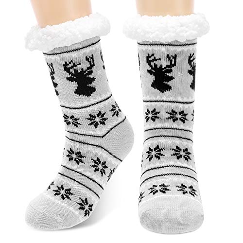 Aiglam Calcetines Antideslizantes Mujer, señoras acogedor suave deslizamiento deslizador calcetines de cama,Navidad copo de nieve alces para mujeres(Gris)