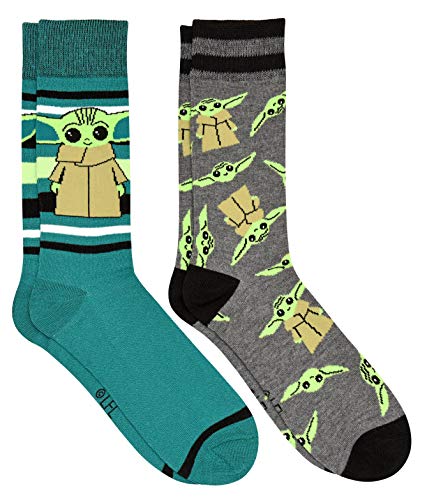 Star Wars Baby Yoda All Over Print and Front Facing Striped Men's Crew Socks 2 Pair Pack