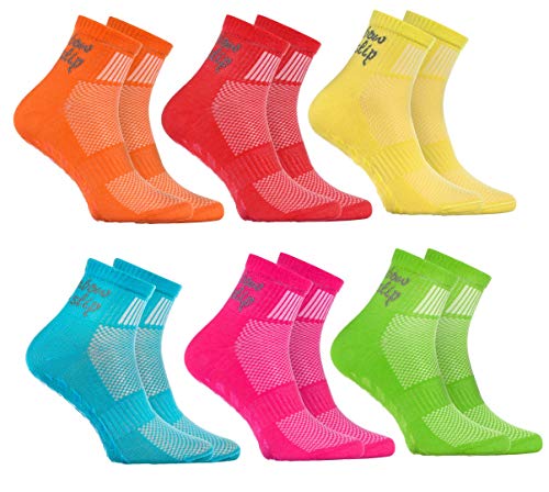 Rainbow Socks - Niño Niña Deporte Calcetines Antideslizantes ABS de Algodón - 6 Pares - Naranja Rojo Amarillo Azul Verde Rosa - Talla 30-35