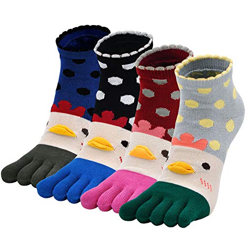 PUTUO Mujer cinco calcetines de los dedos, Algodón Calcetines de Animales Lindos para Mujer Calcetines de Divertidos Ocasionales, 4 pares (Multicolor-3)