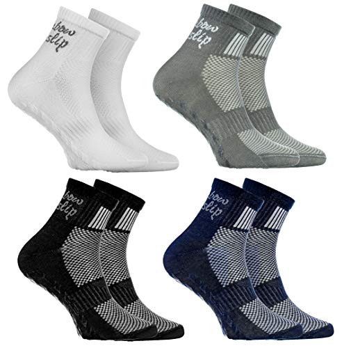 Rainbow Socks - Niño Niña Deporte Calcetines Antideslizantes ABS de Algodón - 4 Pares - Blanco Gris Azul Negro - Talla 30-35