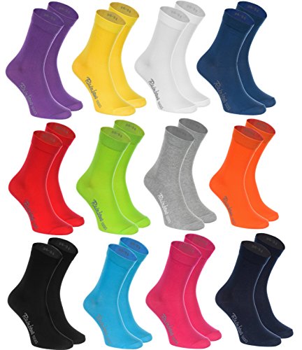 Rainbow Socks - Hombre Mujer Calcetines Colores de Algodón - 12 Pares - Negro Blanco Gris Morado Azul Marino Pantalones Vaqueros Naranja Rojo Amarillo Verde Azulado Verde Fucsia - Talla 47-50