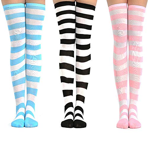 3 pares de calcetines hasta la rodilla lindo conjunto de rayas para mujer mujeres adolescentes niña, kawaii colorido sobre la rodilla medias largas altos rizados hasta el muslo para cosplay...