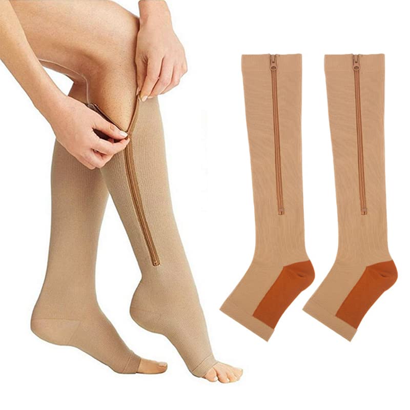 LADDA 2 pares de calcetines de compresión con cremallera, medias de compresión con protector de cremallera para protección de la piel, color carne, M