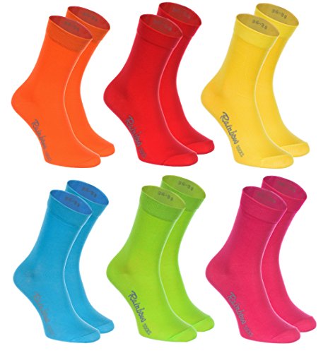 Rainbow Socks - Hombre Mujer Calcetines Colores de Algodón - 6 Pares - Naranja Rojo Amarillo Verde Mar Verde Fucsia - Talla 42-43