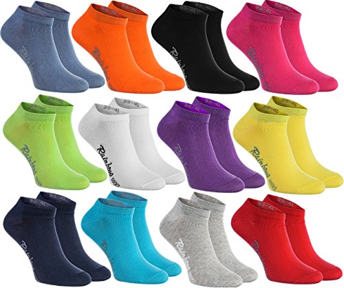 Rainbow Socks - Hombre Mujer Calcetines Cortos Colores de Algodón - 12 Pares - Negro Blanco Gris Púrpura Azul Marino Azul de Vaqueros Naranja Rojo Amarillo Verde de Mar Merde Fucsia - Talla...