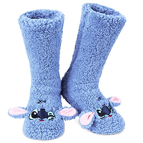 Disney Calcetines Antideslizantes Mujer Casa - Calcetines Zapatillas de Mujer Minnie Stitch Baby Yoda (Azul Stitch)