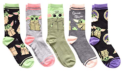 Star Wars Juniors/Ladies Baby Yoda Stripes Crew Socks 5 Pair Pack Size 4-10
